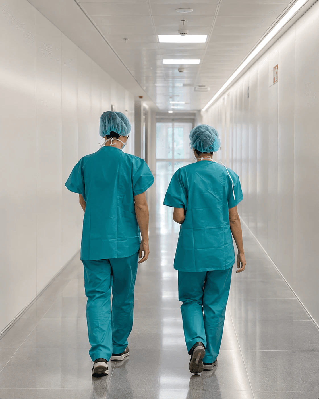 Estudantes de jaleco caminhando pelo corredor do hospital
